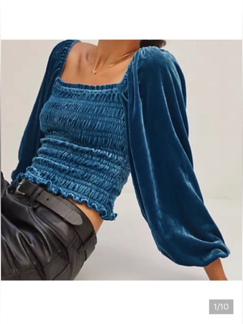 NWT Anthropologie Smocked Puff Sleeve Blue Velvet Square Neck Long Sleeve Top